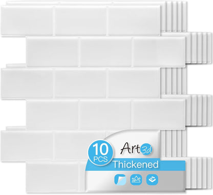 Art3d Peel and Stick Backsplash for Kitchen White Subway (10 Tiles, Thicker Design)