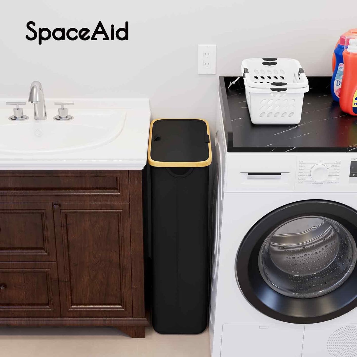 SpaceAid Double Laundry Hamper 2 Section with Lid and Removable Laundry Bags, 160L Clothes Basket with Bamboo Handles, Large Collapsible Hamper for Bedroom, Bathroom, Dorm, Laundry Room - White