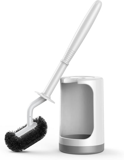 HAMITOR Toilet Bowl Brush Holder Set: Curved Design with Holder for Deep Cleaning Under Rim - Compact Hidden Scrubber for Small Space - Modern RV Bathroom Accessories - White 1 Pack