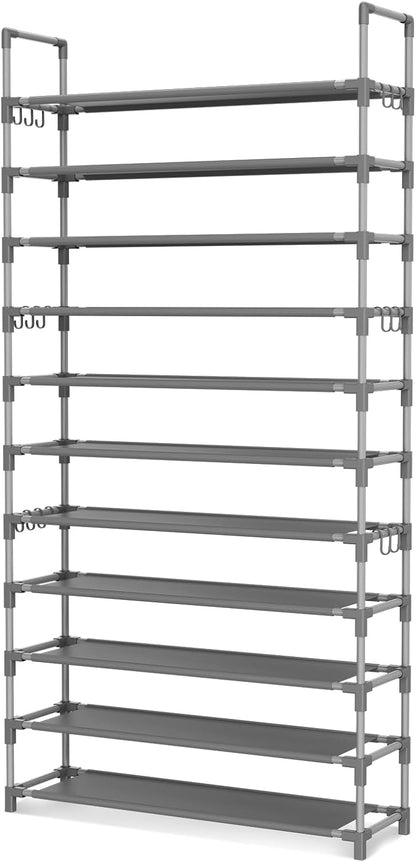 LANTEFUL 10 Tiers Shoe Rack 50 Pairs Large Capacity Tall Shoe Organizer Sturdy Shoe Storage with Two Hooks Space Saving Metal Wide Shoe Rack for Closet, Entryway, Bedroom, Black