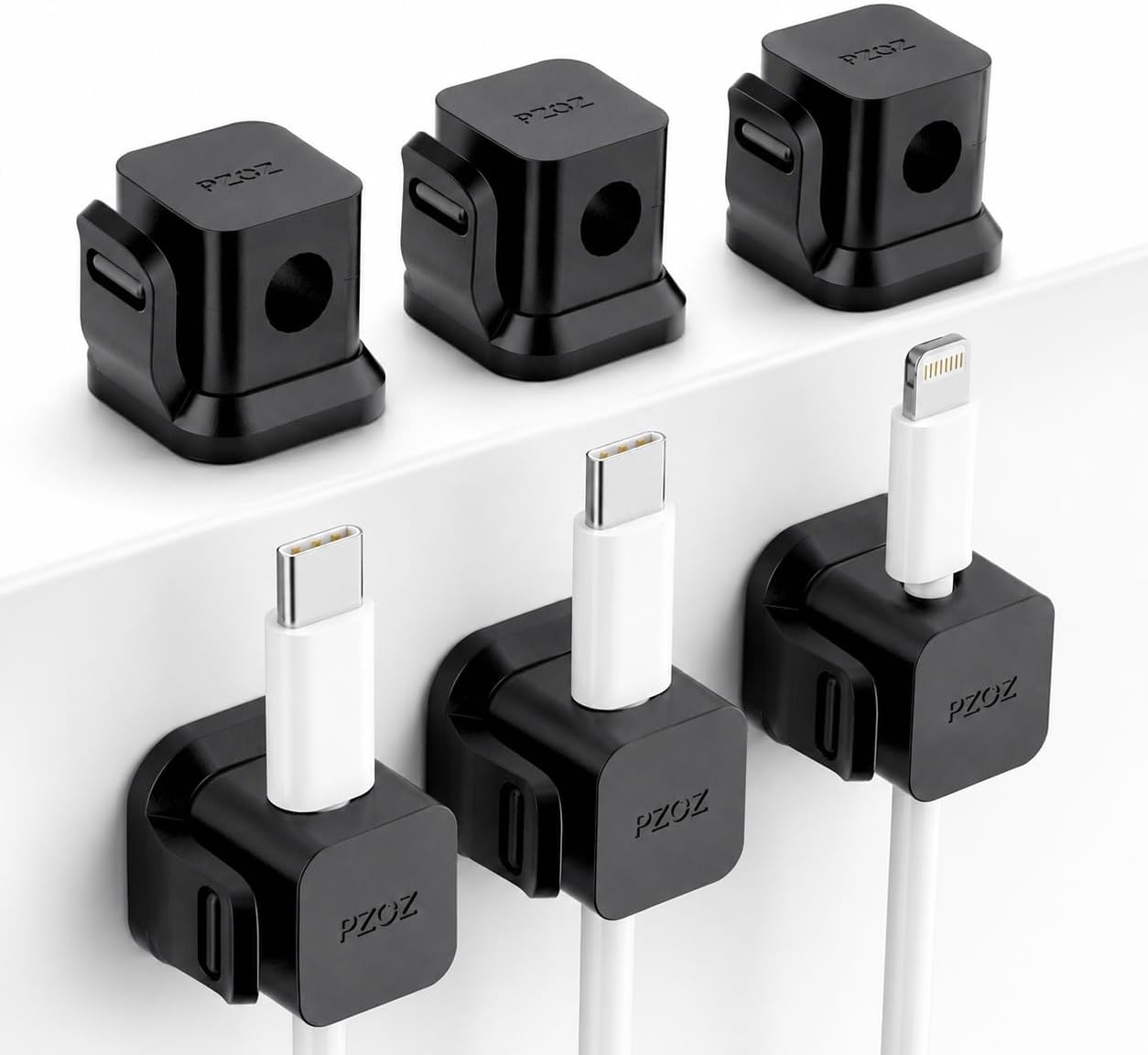 PZOZ 6 Pack Cable Clips, Adhesive Cable Management Clips for Desk & Desk Edge, No-Slip Cord Holders for Charging Cables, No Drill Wire Organizer for Home Office (Black)