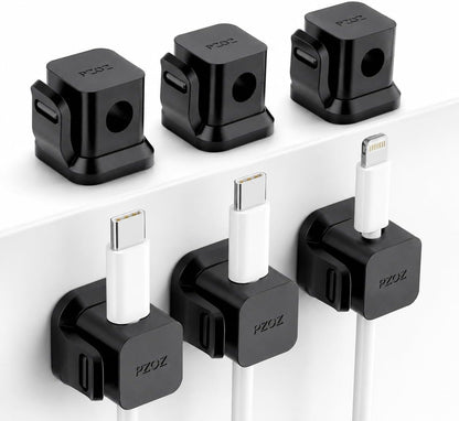 PZOZ 6 Pack Cable Clips, Adhesive Cable Management Clips for Desk & Desk Edge, No-Slip Cord Holders for Charging Cables, No Drill Wire Organizer for Home Office (Black)