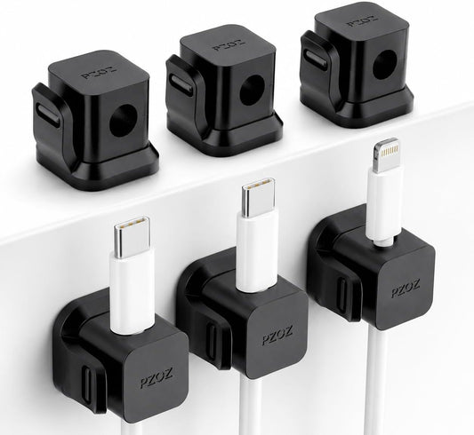 PZOZ 6 Pack Cable Clips, Adhesive Cable Management Clips for Desk & Desk Edge, No-Slip Cord Holders for Charging Cables, No Drill Wire Organizer for Home Office (Black)