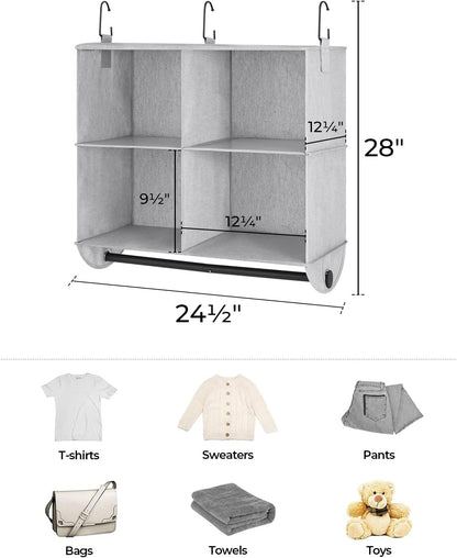 StorageWorks Hanging Closet Organizer with Metal Rod, 4-Section Closet Organizers and Storage, Collapsible Hanging Shelves for Baby Clothes, Shoes, Sweater Storage, Ivory and White