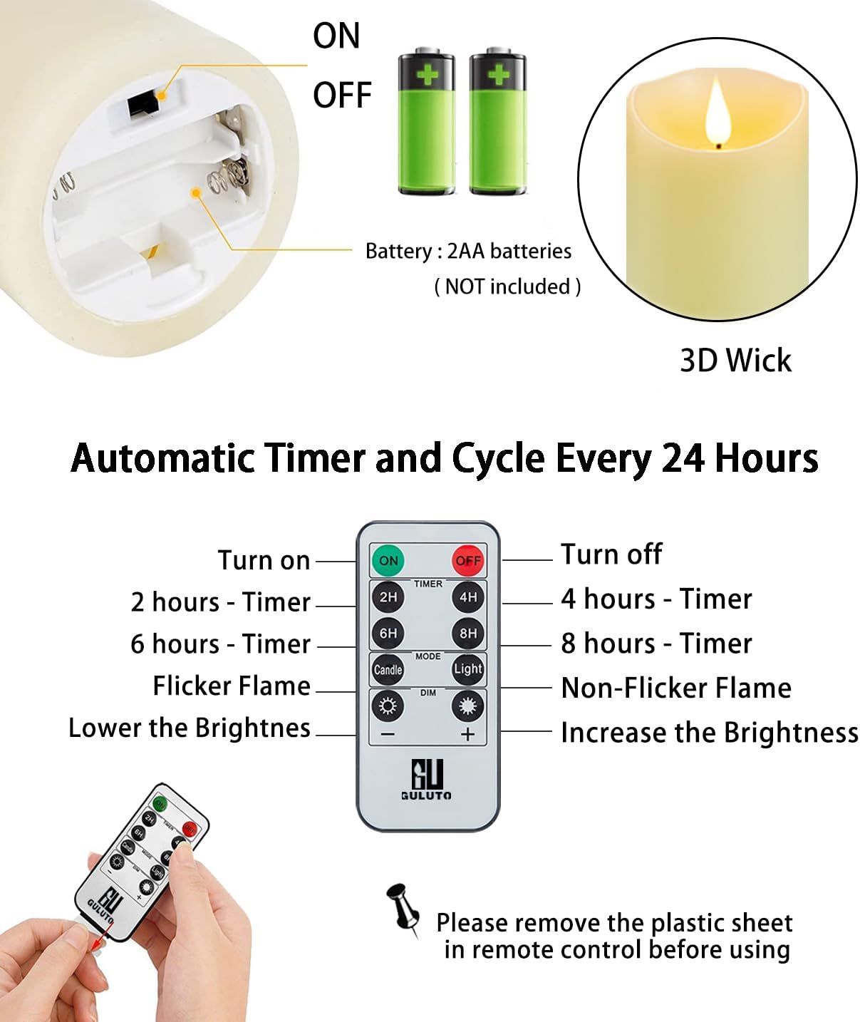 Flameless Candles, Battery Operated Candles with Remote and Timer, 3" x 4", Set of 2, LED Candles Flickering Electric Pillar Candles, Ivory Real Wax for Home Wedding Birthday Decoration
