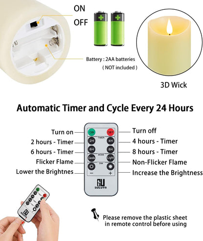 Flameless Candles, Battery Operated Candles with Remote and Timer, 3" x 4", Set of 2, LED Candles Flickering Electric Pillar Candles, Ivory Real Wax for Home Wedding Birthday Decoration