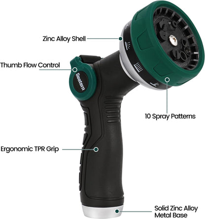 Garden Hose Nozzle, Heavy Duty Hose Sprayer with Thumb Control, 10 Spray Patterns, Reinforced Metal Shell, Comfortable Grip for Lawn, Plants, Car & Pet Washing – Forest Green
