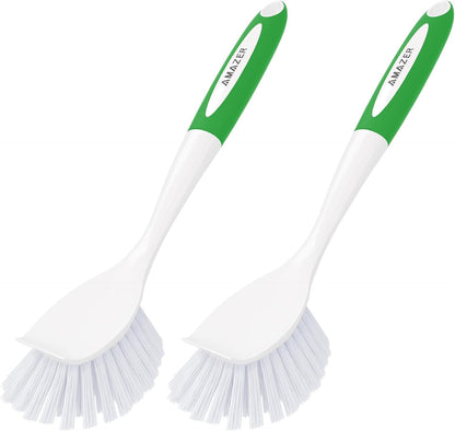 Amazer Dish Brush with Handle, 2 Pack Kitchen Scrub Brushes for Cleaning, Dish Scrubber with Stiff Bristles for Sink, Pots, Pans
