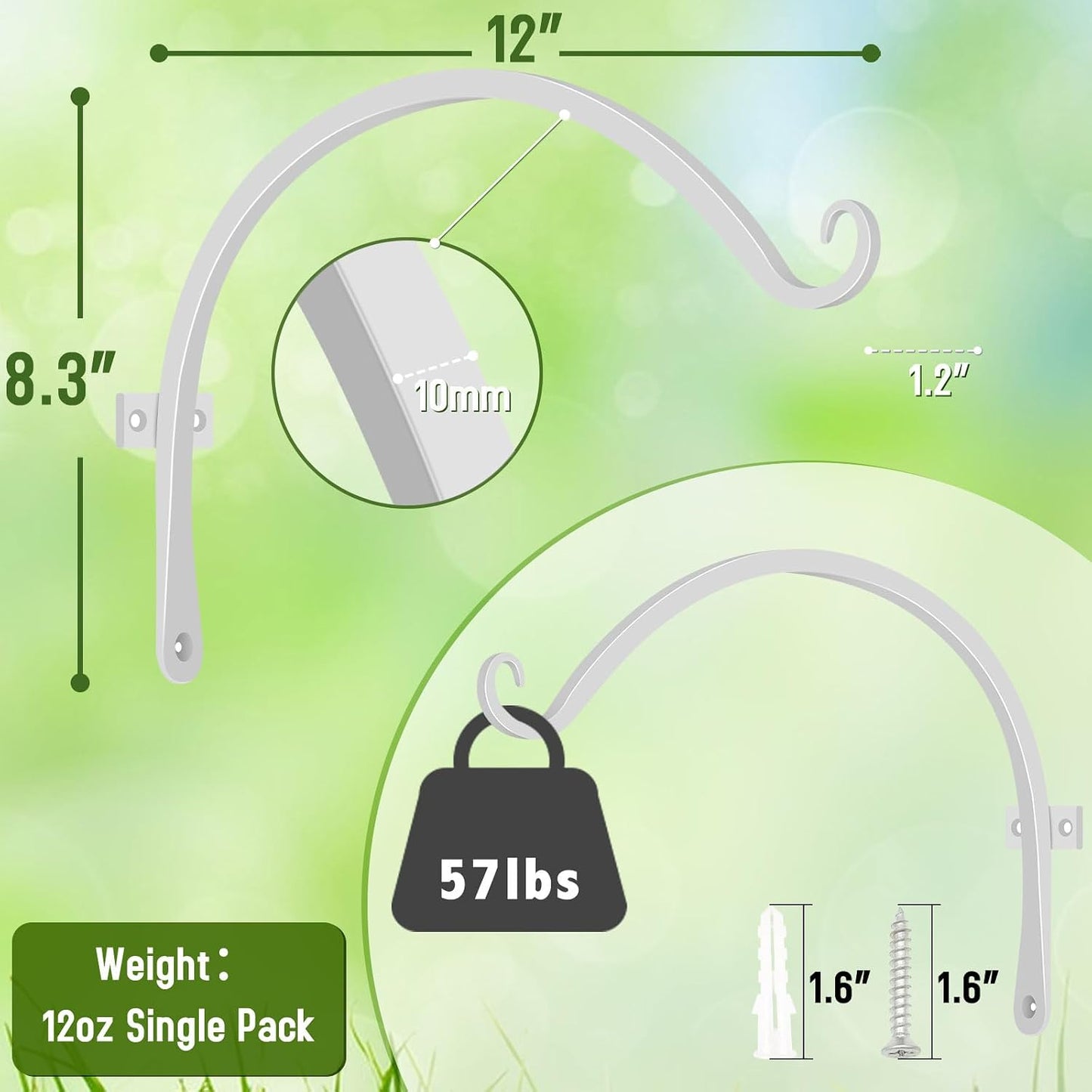 FEED GARDEN Heavy Duty Plant Hangers Outdoor Indoor, 8 Inch 2 Pack Metal Hanging Bracket Holds Up to 44 lbs, Wall Brackets for Hanging Baskets, Bird Feeders,Wind Chime& Lanterns, Black