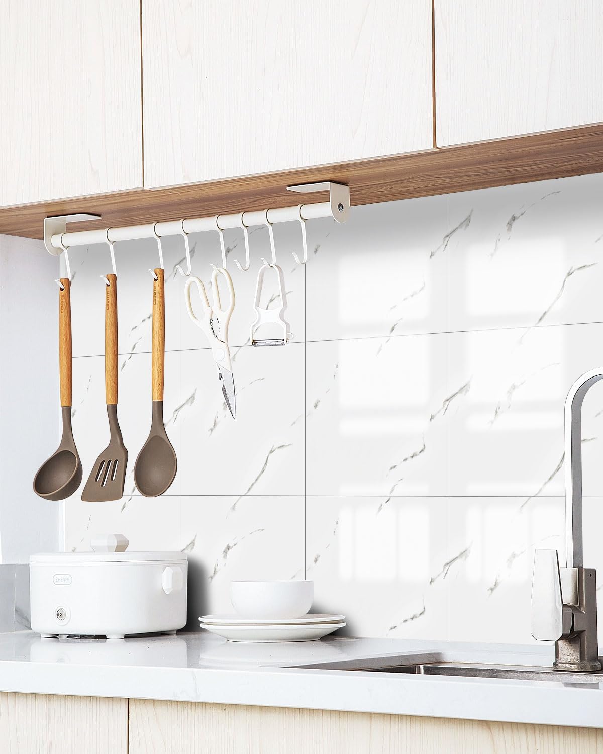 WADILE 10pcs Peel and Stick Shower Waterproof Marble Tiles Wall Panels, 11.8"x11.8" Self-Adhesive Backsplash, for Home Bathroom, Kitchen, Living Room White (Not Real Tile)