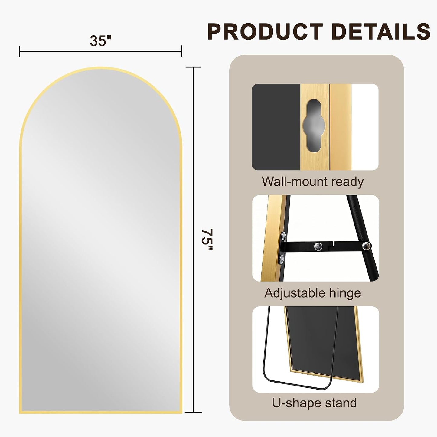 FICTOR Arched Full Length Mirror 15" x 56", Full Body Floor Mirror with Adjustable Stand, Free Standing Mirror with Aluminum Frame for Bedroom, Living Room, Cloakroom, Gold