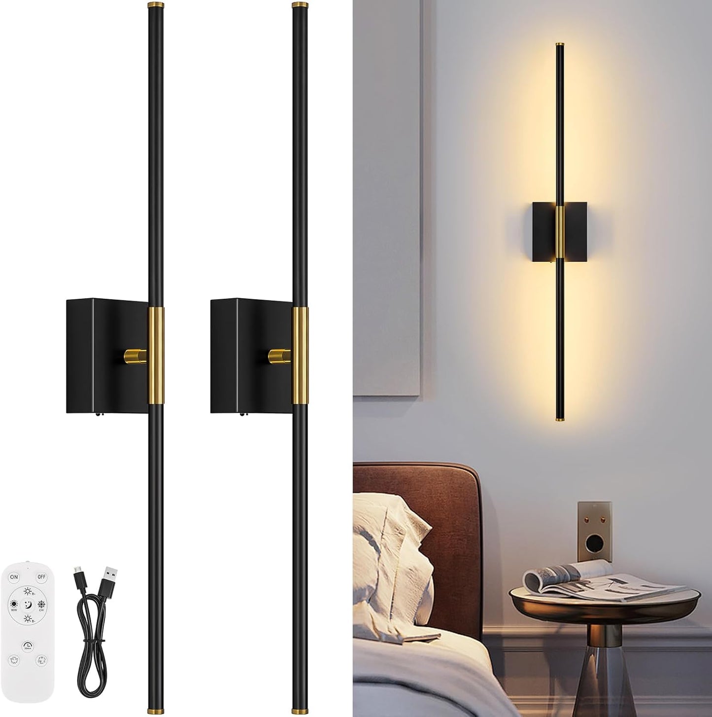 Battery Operated Wall Sconce Set of Two with Remote Control, 3000K-6000K Dimmable Black Wall Lights, Timable LED Wireless Wall Sconces, 350° Ratate for Bathroom, Living Room, Hallway 29.1 Inch