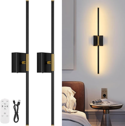 Battery Operated Wall Sconce Set of Two with Remote Control, 3000K-6000K Dimmable Black Wall Lights, Timable LED Wireless Wall Sconces, 350° Ratate for Bathroom, Living Room, Hallway 29.1 Inch