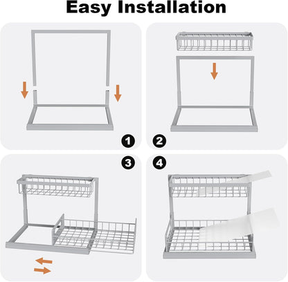 REALINN Under Sink Organizer, Pull Out Cabinet Organizer, 2 Tier Metal Slide Out Shelf with L Shaped Design for Kitchen, Bathroom, Laundry, and Utility Cabinet Storage for Deep Cabinets, White, 2 Pack