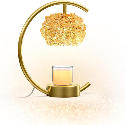 Yeuslor Gold Candle Warmer Lamp for Jar Candles with Adjustable Brightness＆Timer，Handcrafted Crystal＆Wooden Base, Luxurious Design,Home Decoration Electric Candle lamp(C-Shaped)