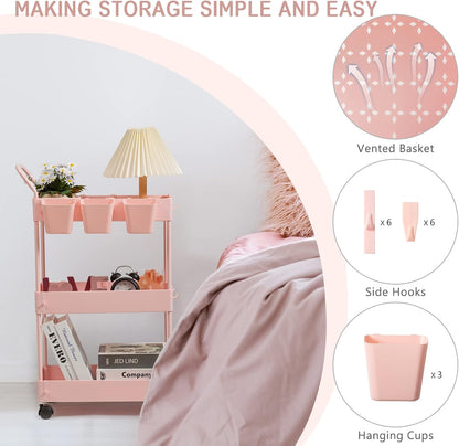 danpinera Storage Cart on Wheels, 3 Tier Slim Laundry with Wheels Bathroom Organizer with Hanging Cups Hooks Dividers Handle Mobile Rolling Art Cart for Bathroom Kitchen Narrow Places, White
