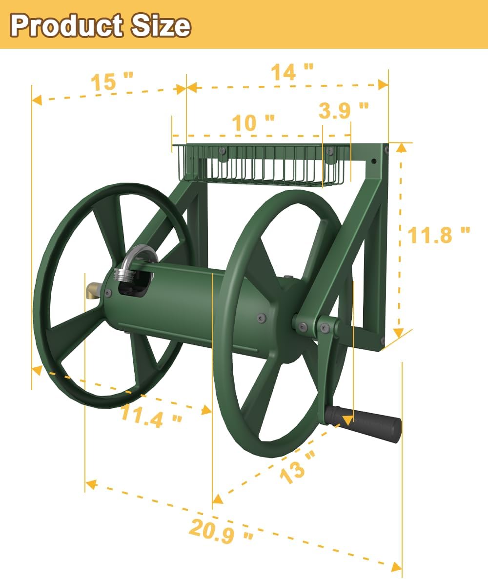 Artigarden Triangle Wall Mounted Garden Hose Reel, Outdoor Heavy-Duty Water Hoses Holder Winder, Holds 125 Ft of 5/8-Inch Hose, with 3.9 ft Leader Hose, Brass Fitting, Storage Basket for Yard, Black
