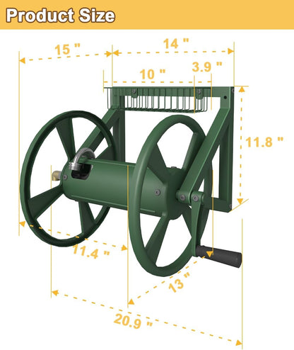 Artigarden Triangle Wall Mounted Garden Hose Reel, Outdoor Heavy-Duty Water Hoses Holder Winder, Holds 125 Ft of 5/8-Inch Hose, with 3.9 ft Leader Hose, Brass Fitting, Storage Basket for Yard, Black