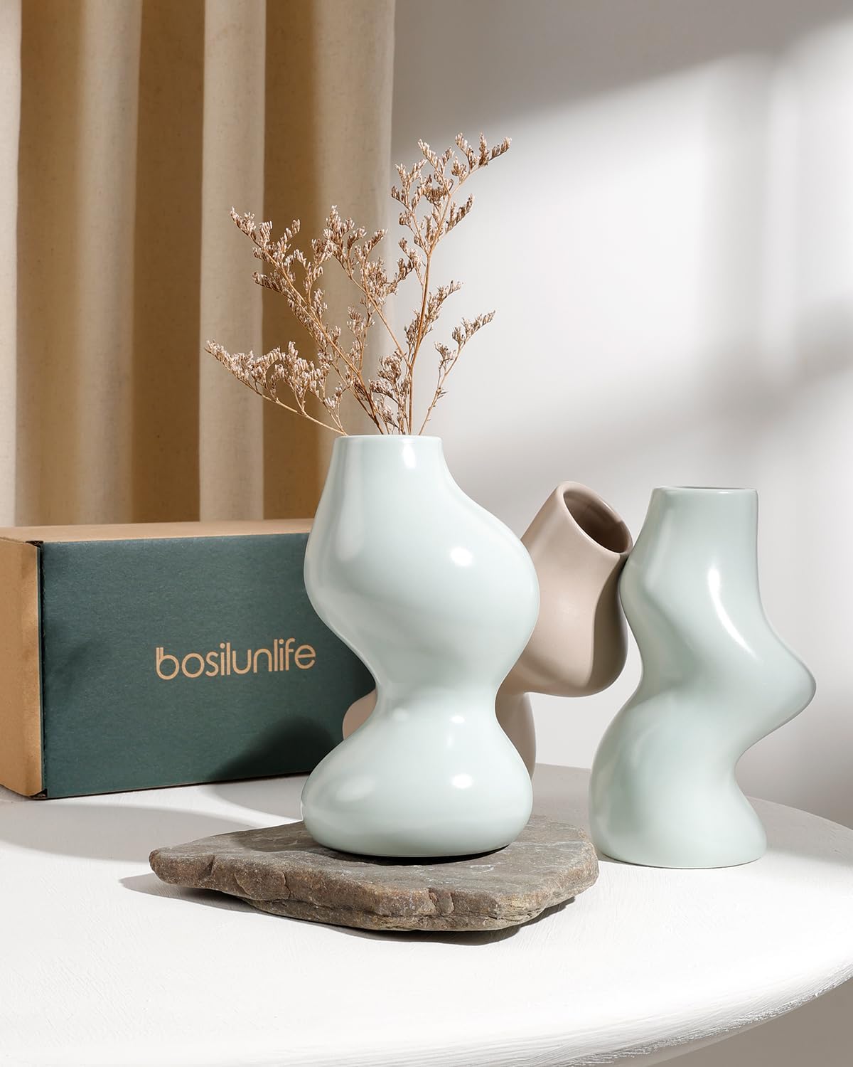 BosilunLife Decorative Vase Set of 3, Nested Curved Recycled Ceramic, Speckled Wabi-Sabi Home Decor, Modern Boho Centerpiece for Living Room Mantel & Office (Black & Grey)