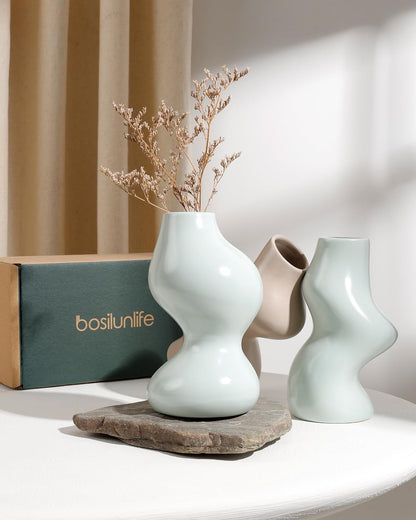 BosilunLife Decorative Vase Set of 3, Nested Curved Recycled Ceramic, Speckled Wabi-Sabi Home Decor, Modern Boho Centerpiece for Living Room Mantel & Office (Black & Grey)