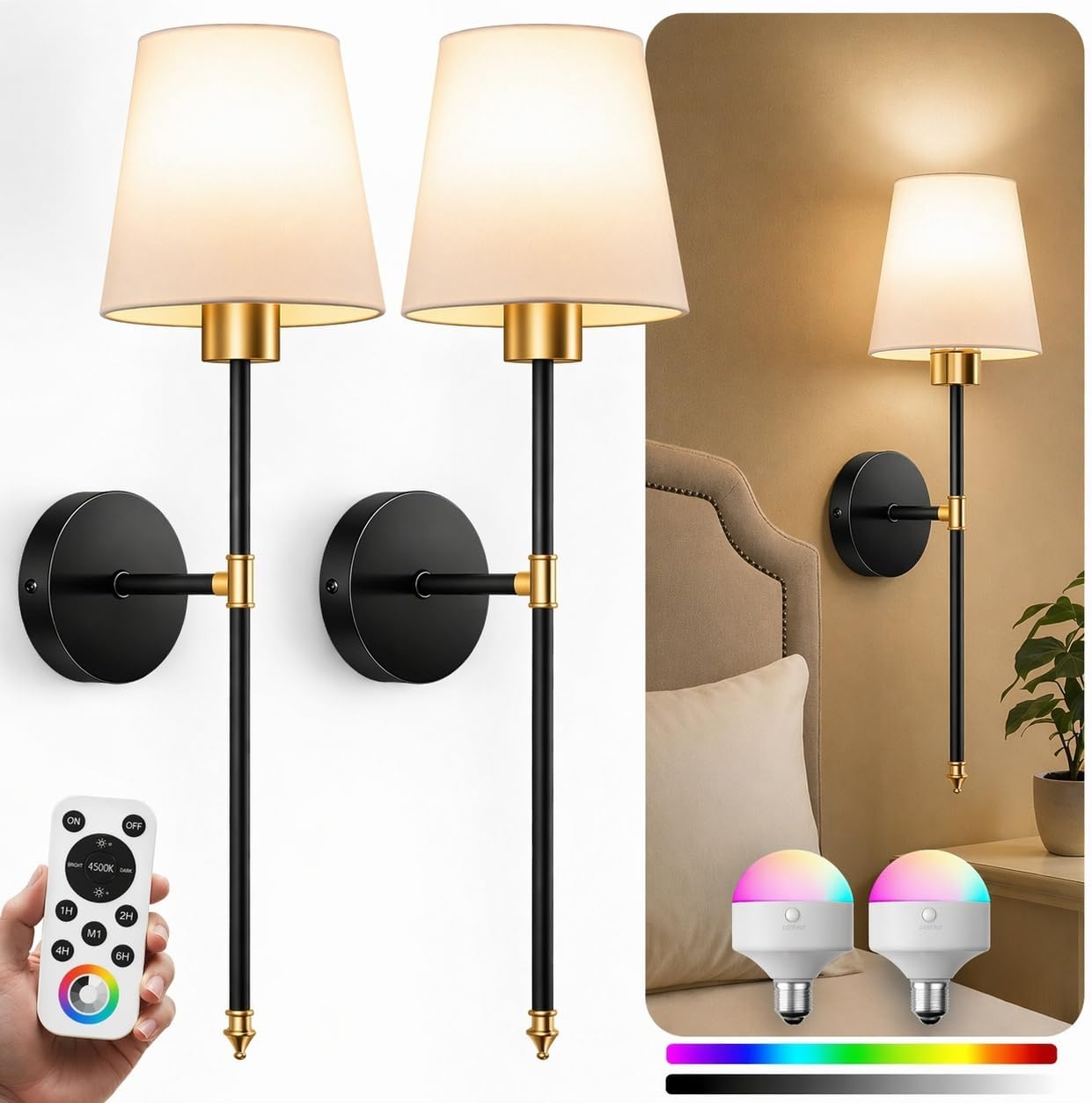 IRONPAX Wall Sconces Battery Operated Set of 2, Wireless Rechargeable Wall Sconce Set of Two, Dimmable Wall Lights with Remote for Bedroom Living Room Hallway Decor (Gold, Fabric Shade)
