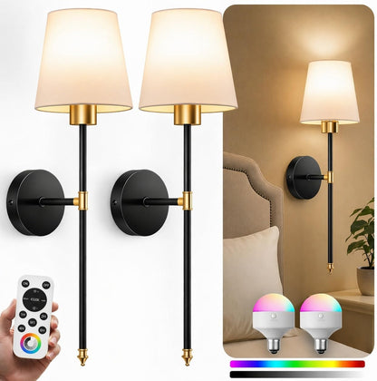 IRONPAX Wall Sconces Battery Operated Set of 2, Wireless Rechargeable Wall Sconce Set of Two, Dimmable Wall Lights with Remote for Bedroom Living Room Hallway Decor (Gold, Fabric Shade)