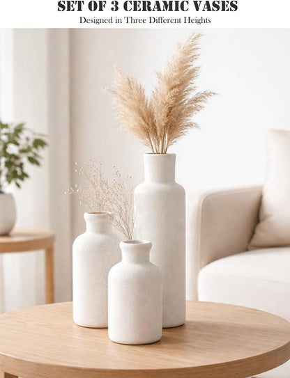 Small White Speckled Ceramic Vase Set of 3, Decorative Modern Vases for Shelf, Table, Living Room, Dried Flowers
