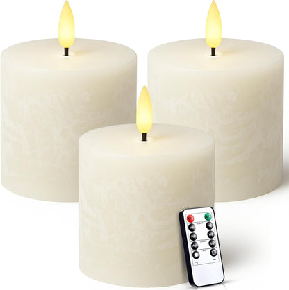 Retisee Valentine's Day Flameless Pillar Candles Set of 3 Battery Operated Candle with Remote Control Timers Real Wax Flat Top Flickering Small LED Candles for Valentine Decor Dinner(Ivory,3x3 Inch)