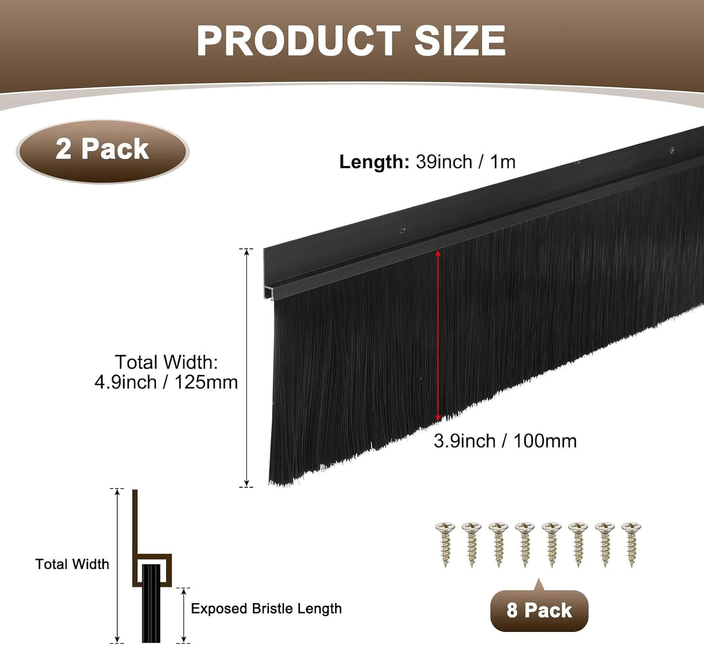 M METERXITY 2Pack Door Sweep - 39" Door Bottom Brush Heavy Duty Seal Draft Stopper Aluminum Base with 50mm Brush, Adhesive/Screw Installation for Interior/Exterior/Garage/Sliding Doors, Black