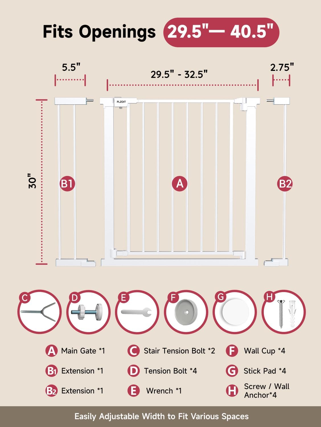 29.5-40.5" Baby Gate for Stairs, Dog Gate for Doorways, Walk Thru Auto Close Metal Baby Safety Gate for The House, Stairs and Doorways, Child Gate Pressure Mounted, Pet Gate for Dog Indoor - Black