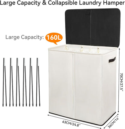 WOWLIVE Laundry Hamper with Lid,160L Large Laundry Basket 3 Section with Removable Washing Bags,Collapsible Waterproof Dirty Clothes Hamper for Laundry Room Bathroom Dorm,Beige