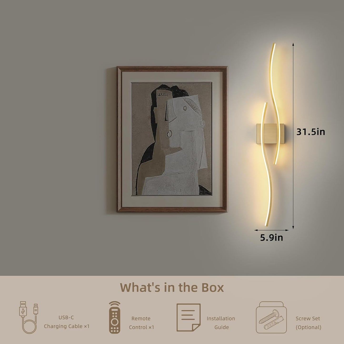 Battery Operated Wall Sconce Set of 2, Dimmable Modern LED Wireless Wall Light with Remote Control, Sconce Wall Decor for Living Room, Hallway, Quick Install, No Electrician Required
