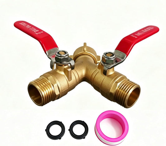 3/4 Inch Brass Y Garden Hose Splitter, 2-Way Outdoor Water Tap Ball Valve Connector with Individual Shut-Off Long Handles, Heavy-Duty Brass Spigot Diverter for Lawn Irrigation, Car Washing