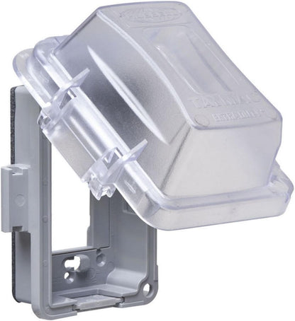 TayMac MM420C 1-Gang Nonmetallic Extra Duty Weatherproof In-Use Horizontal/Vertical 16-in-1 Standard Cover, 2.75 in, Clear & MM110C Weatherproof Single Outlet Outdoor Receptacle Cover, 5/8 Inches Deep