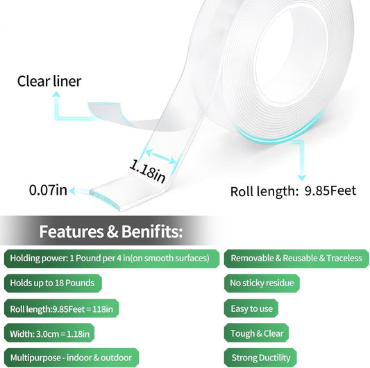 Nano Adhesive Tape, 9.85FT Double Sided Tape Heavy Duty for Walls, No Residue Removable Mounting Tape, Extra Large Picture Hanging Strips for Posters, Canvas, Decals, Tiles, Rugs (9.85 Feet)