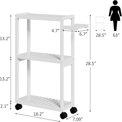 RRX Toilet Paper Holder with 3 Tier,16.14''Dx7.08''Wx28.35''H (Beige) | Small Bathroom Rolling Bamboo Mobile Storage Corner Shelf Cabinet for Narrow Spaces, Freestanding Slim Kitchen Organizer