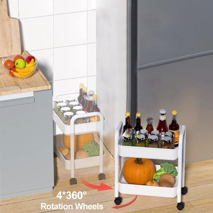 2-Tier Utility Rolling Cart Storage Sofa Side Table with Wheels, Mobile Trolley Organizer with for Office Home Kitchen Organization, Cream White