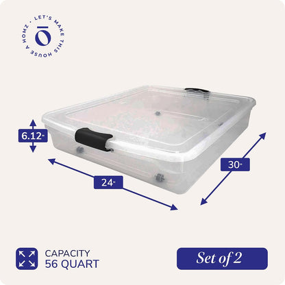 HOMZ 2-Pack Under Bed Storage, Clear Plastic Containers with Lids, 60 Quart, Gray Latch - Stackable Underbed Organizer Bins for Shoes, Bags, Clothes, and Towels