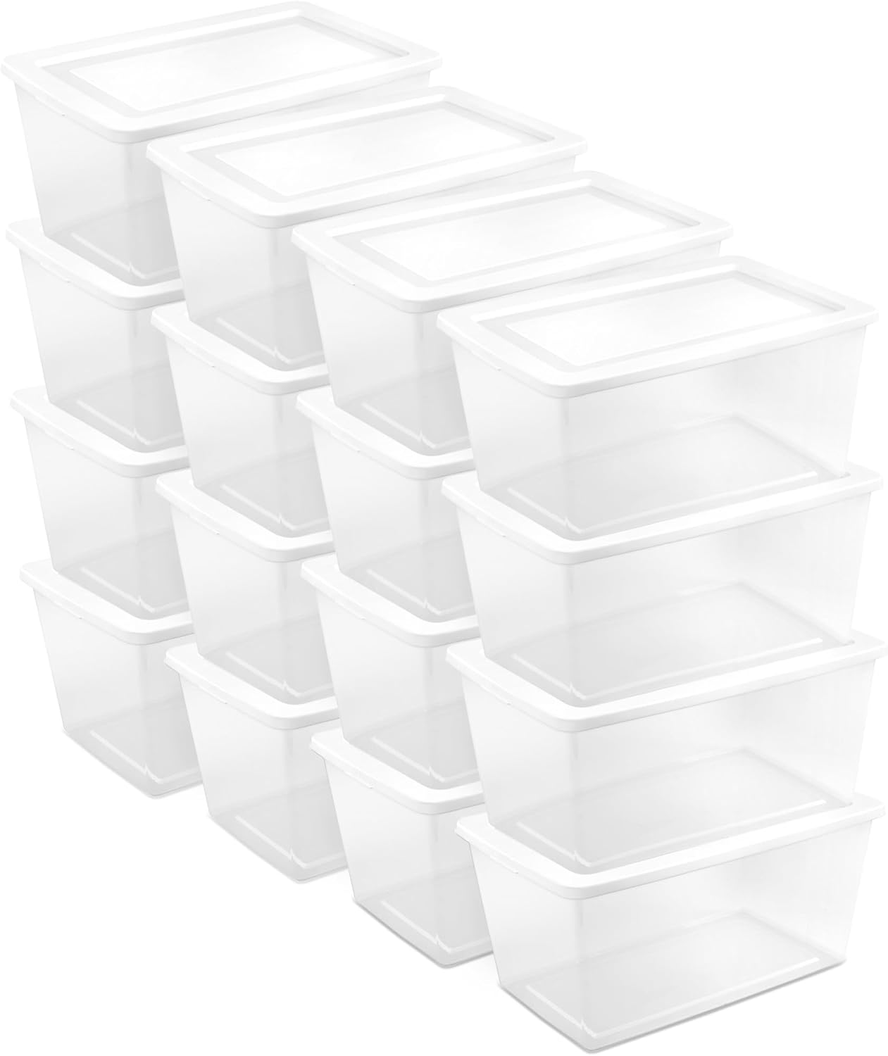 Sterilite 6 Pack Storage Box, 41 Quart Stackable Tote, Clear Plastic Container with Secure Snapping White Lids for Home and Office Organization
