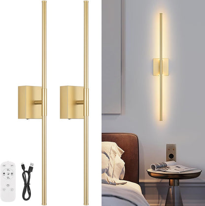 Battery Operated Wall Sconce Set of Two with Remote Control, 3000K-6000K Dimmable Black Wall Lights, Timable LED Wireless Wall Sconces, 350° Ratate for Bathroom, Living Room, Hallway 29.1 Inch