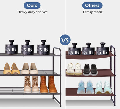 KEETDY 3-Tier Long Shoe Rack for Closet Metal Shoe Organizer for Entryway, Wide Stackable Shoe Storage Shelf with Sturdy Wire Grid for Closet Floor, Bedroom, Black