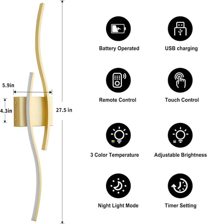 KARTOOSH Battery Operated Wall Sconces Set of Two with Remote Control, Dimmable/3 Colors/Night-Light/Timer/Memory, Gold Modern Wireless LED Sconce for Living Room, Hallway, Bedroom, 27.5 Inch (2 Pack)