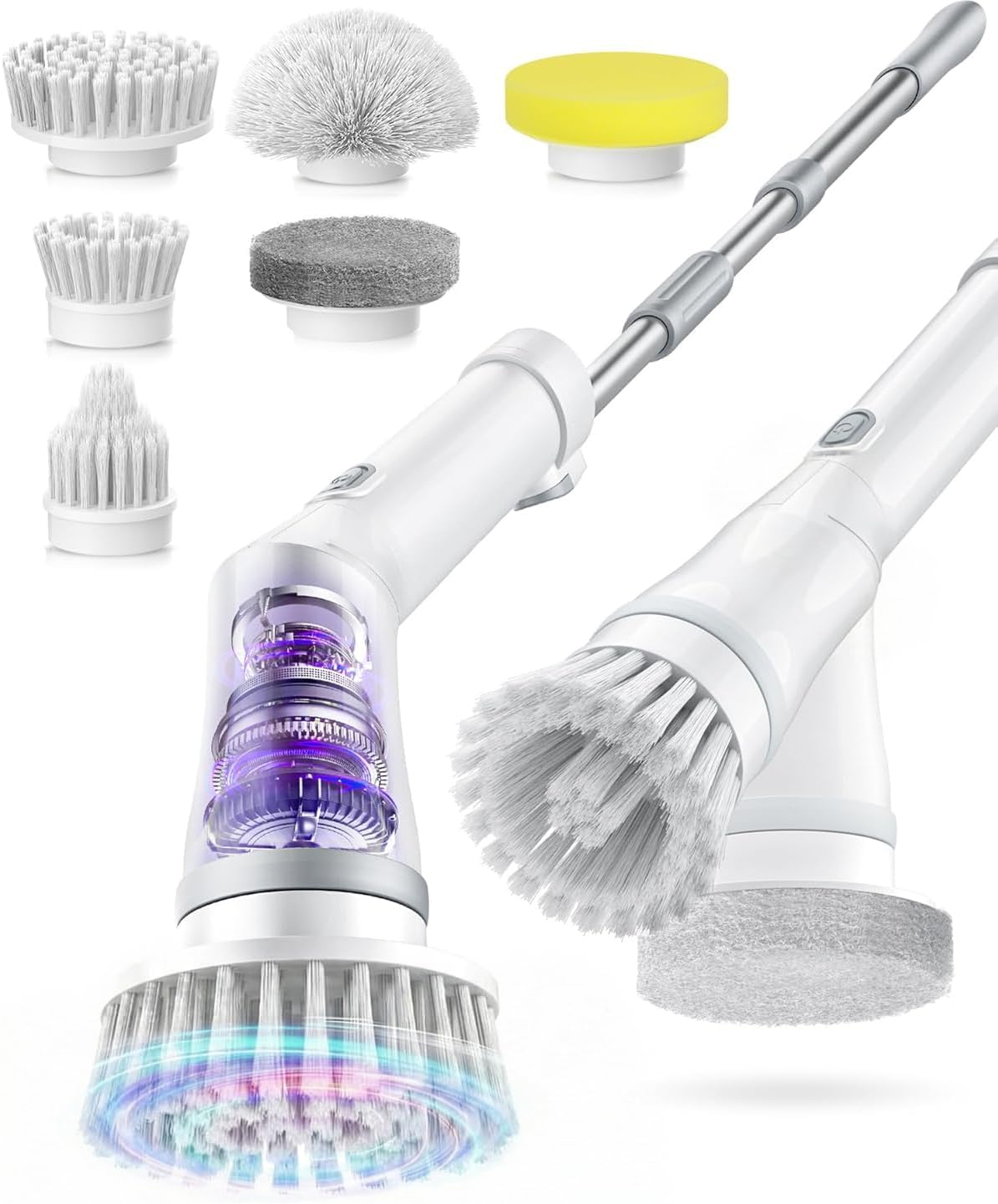 Cordless Electric Spin Scrubber with 7 Brush Heads, White-te1 | Adjustable long handle for shower, tile, grout, sink, tub, floor, and car wheel cleaning