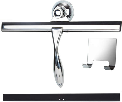 12 Inch Squeegee for Shower, Shower Squeegee with Suction Cup Hooks, for Glass Door Marble Mirror Bathroom, Chrome Plated Stainless Steel Deluxe Car Window Home Kitchen Tile Scraper