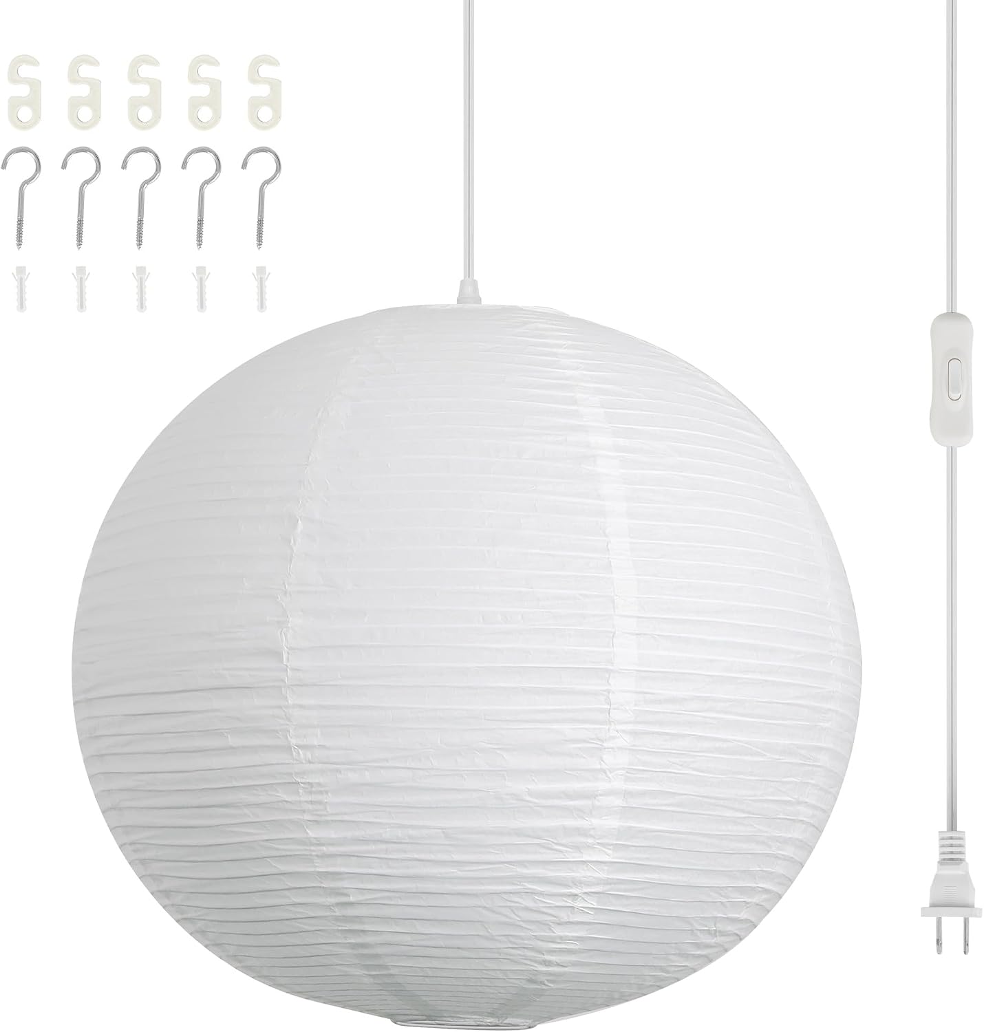 Paper Lantern Lamp Plug in Hanging Lamp 23.6in Off-White Rice Paper Pendant Light with 19.7FT Cord Large Globe Japanese Japandi Wabi Sabi Chandelier for Dining Living Room Bedroom 1 Pack
