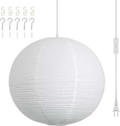 Paper Lantern Lamp Plug in Hanging Lamp 23.6in Off-White Rice Paper Pendant Light with 19.7FT Cord Large Globe Japanese Japandi Wabi Sabi Chandelier for Dining Living Room Bedroom 1 Pack