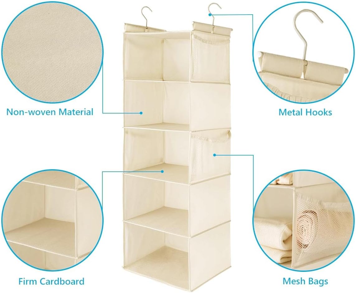 MAX Houser 4-Shelf Hanging Closet Organizer, Space Saver, Cloth Hanging Shelves with 2 Side Pockets, Foldable (Beige)