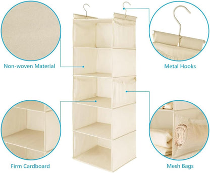 MAX Houser 4-Shelf Hanging Closet Organizer, Space Saver, Cloth Hanging Shelves with 2 Side Pockets, Foldable (Beige)