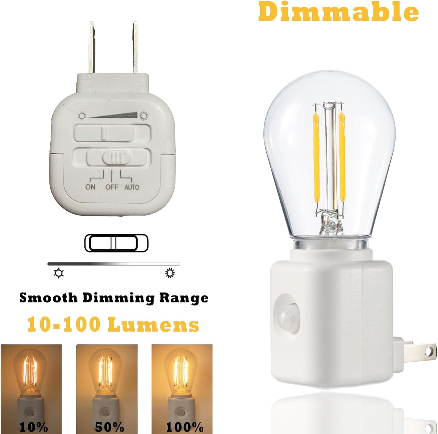 Led Night Light Bulb Plug in, 1W Vintage Nightlight, Dusk to Dawn and Motion Sensor, Warm White 2700K, 10-100LM Adjustable Brightness, Dimmable, for Hallway Bedroom Stairway, 1 Pack