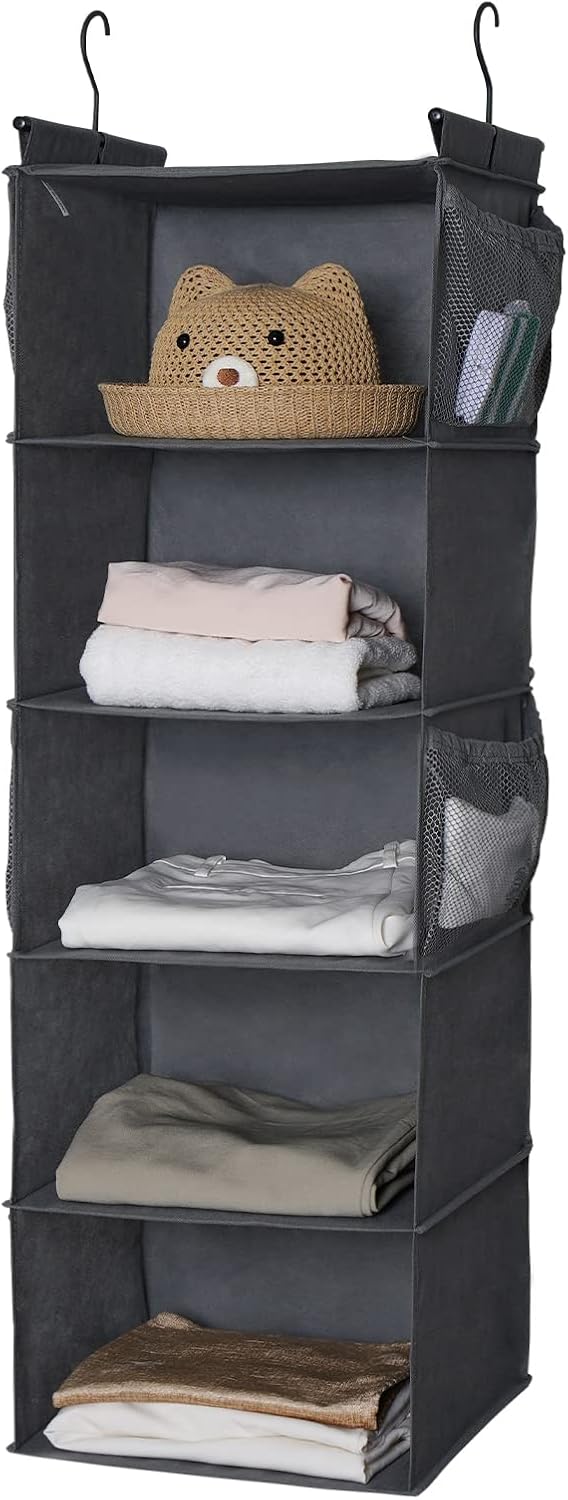 MAX Houser 4-Shelf Hanging Closet Organizer, Space Saver, Cloth Hanging Shelves with 2 Side Pockets, Foldable (Beige)
